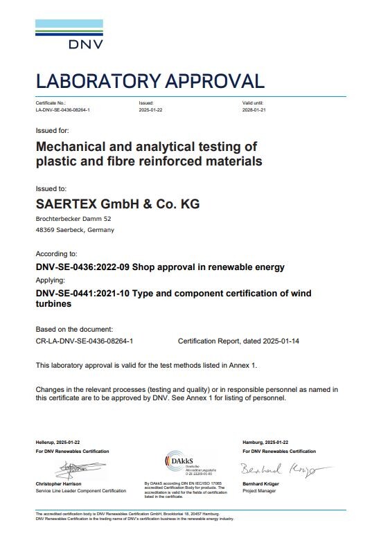 Certificate stating laboratory approval for mechanical and analytical testing