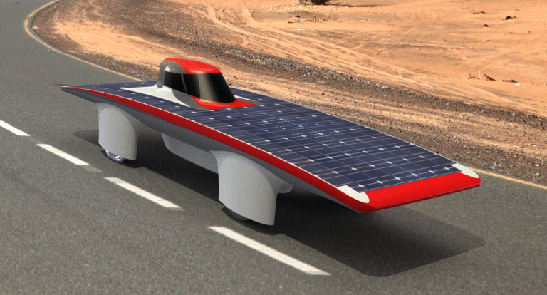 Futuristic solar-powered vehicle on a road