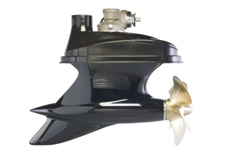 A close-up view of a boat motor with black casing and a propeller.