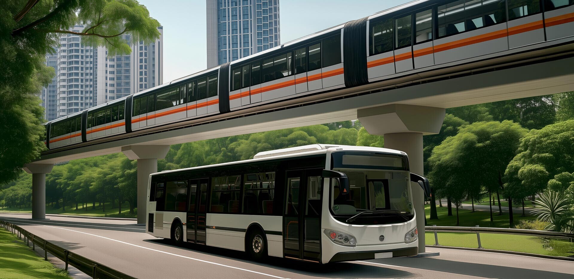 Bild eines Busses und einer Hochbahn in einer urbanen Umgebung