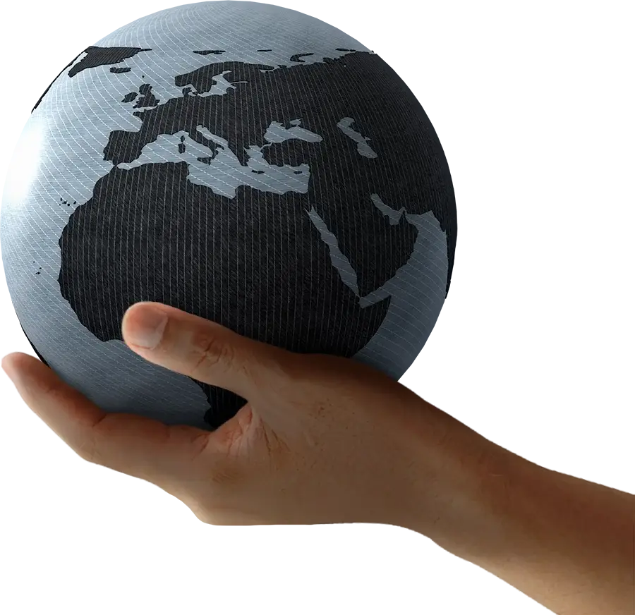 Hand hält eine stilisierte Weltkugel