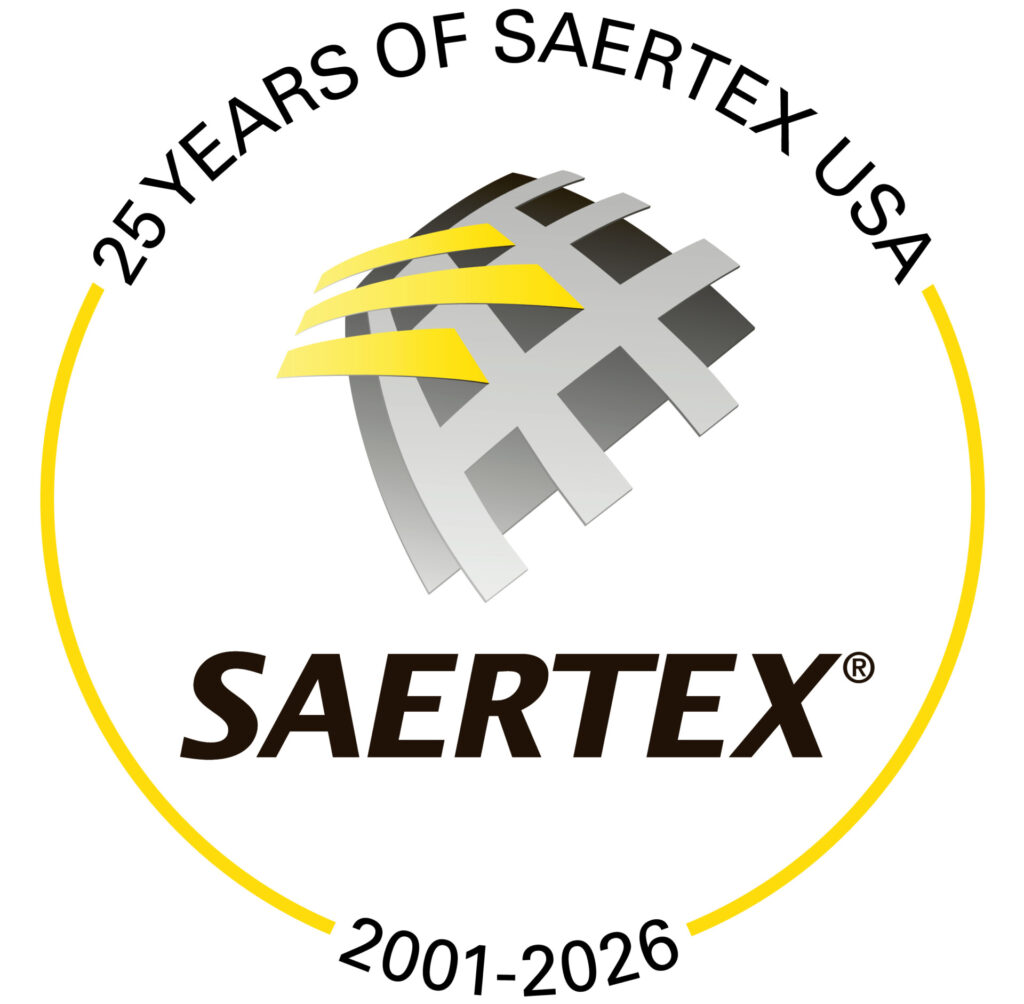 Logo commemorating the 25th anniversary of SAERTEX USA, featuring the years 2001–2026